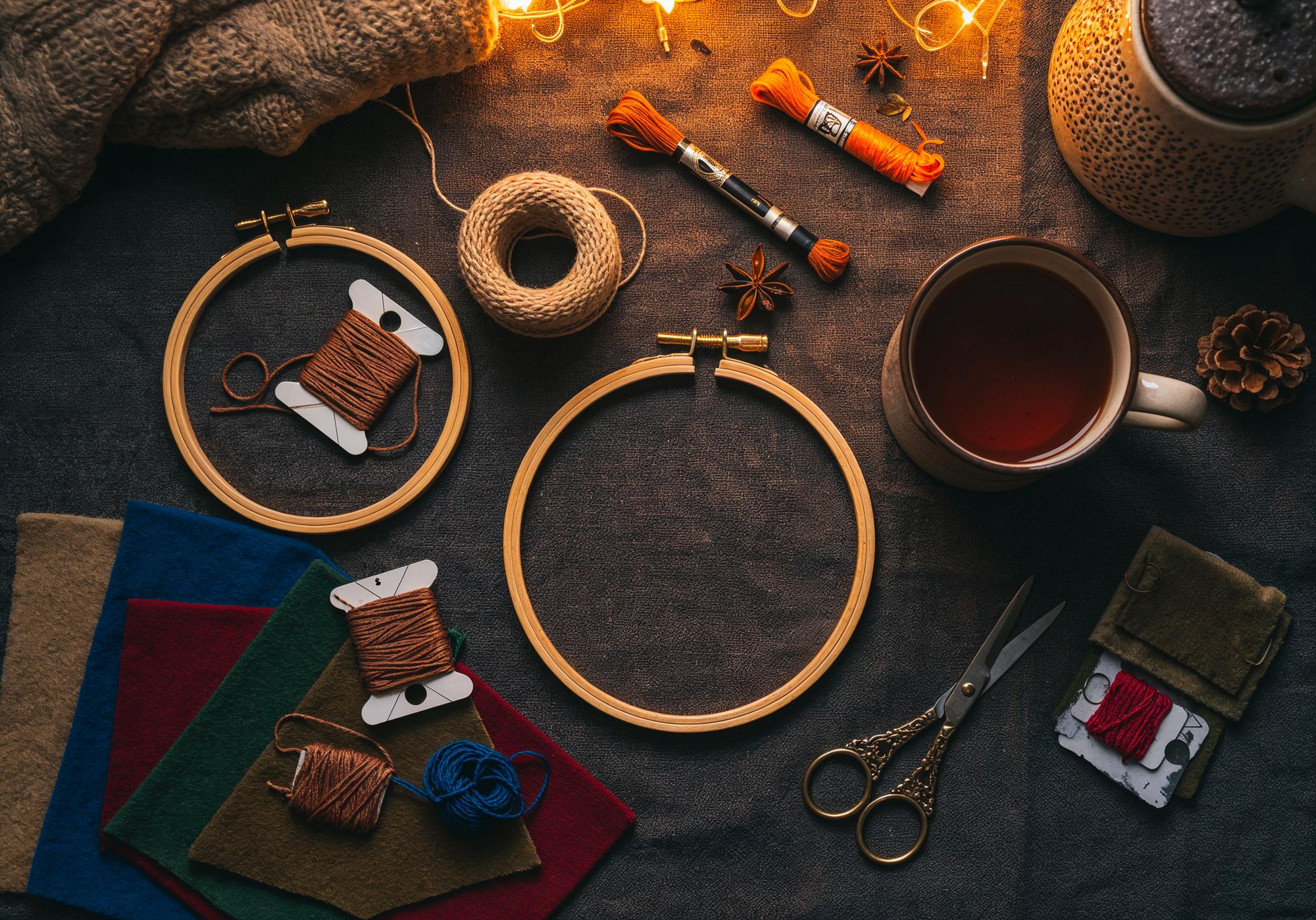 Studio workbench with hoops and threads